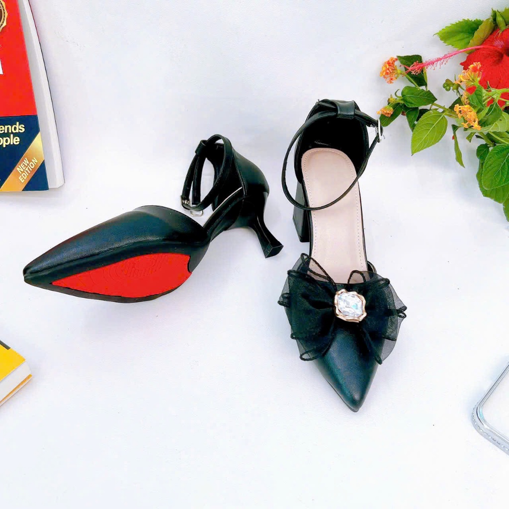 B02- Giày cao gót nơ voan đá, size 35-40, gót 3-7cm