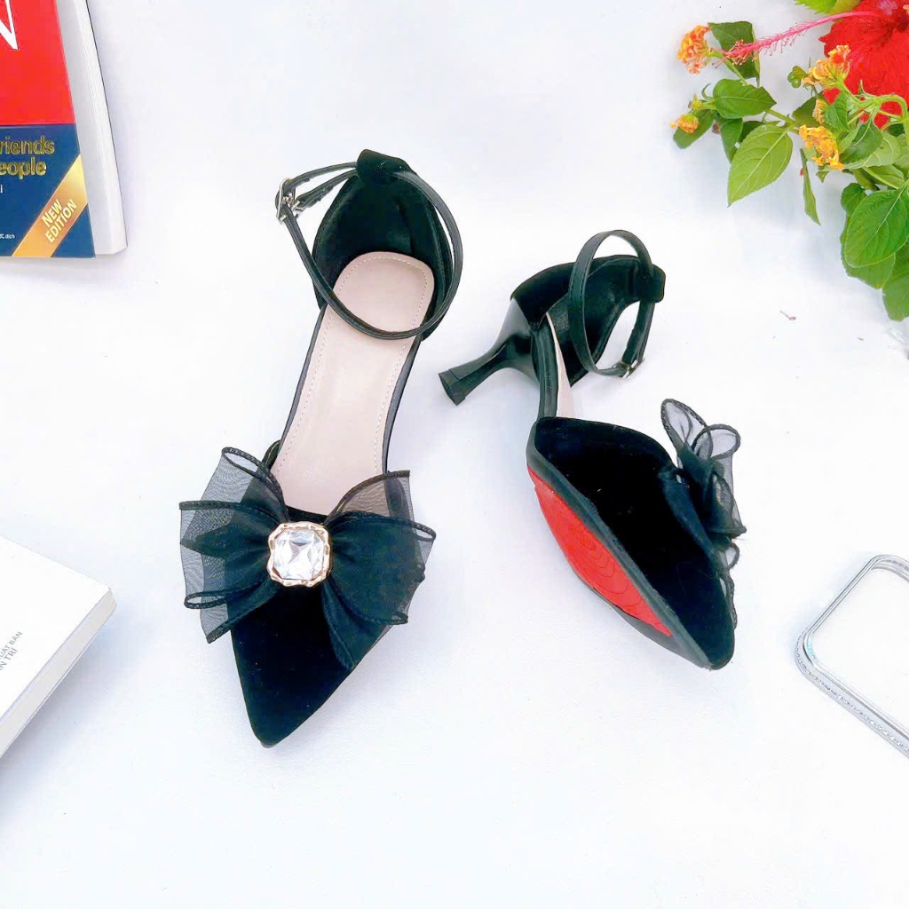 B02- Giày cao gót nơ voan đá, size 35-40, gót 3-7cm