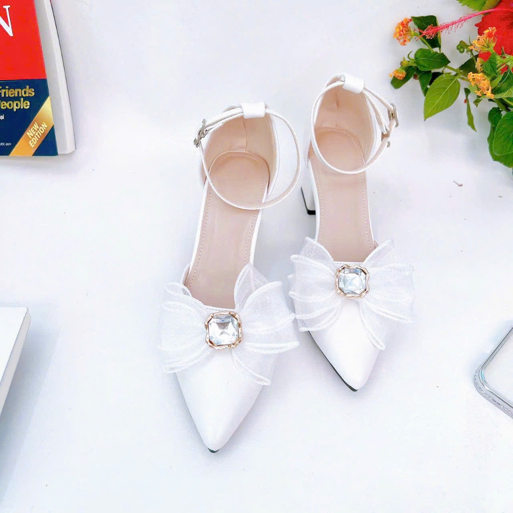 B02- Giày cao gót nơ voan đá, size 35-40, gót 3-7cm