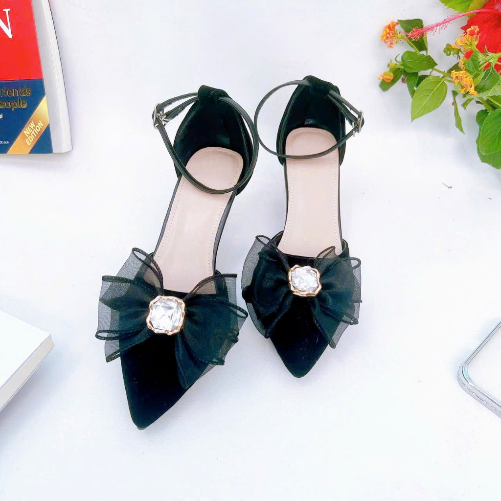 B02- Giày cao gót nơ voan đá, size 35-40, gót 3-7cm