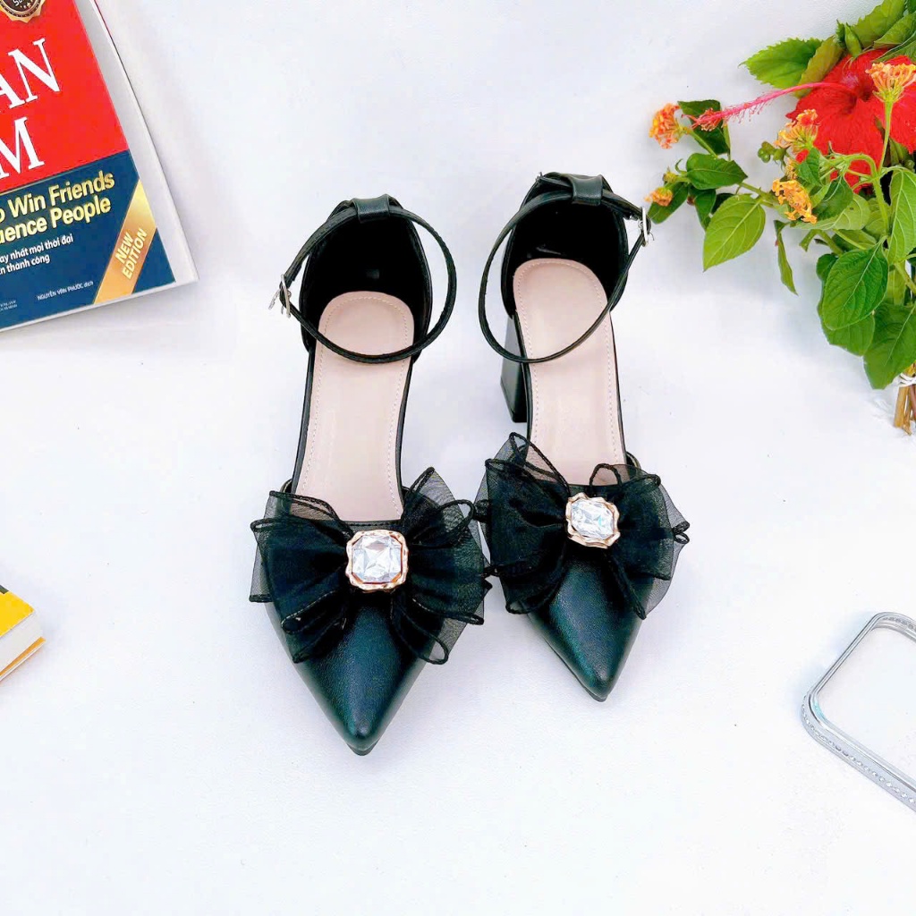 B02- Giày cao gót nơ voan đá, size 35-40, gót 3-7cm