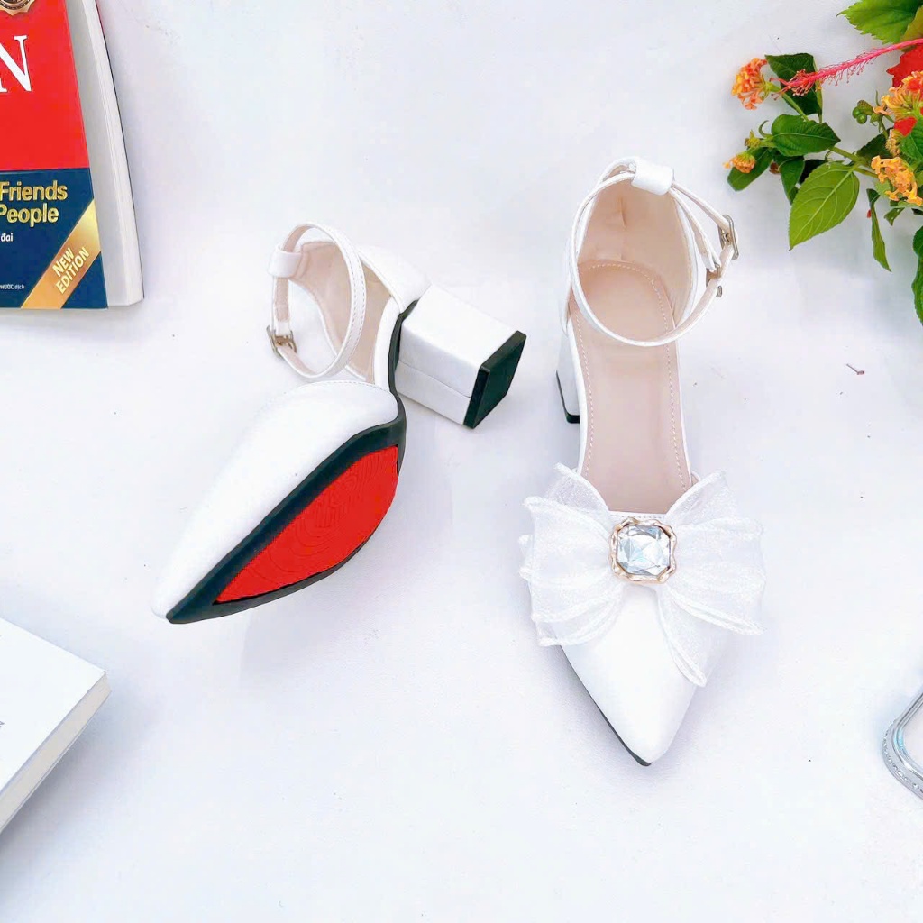 B02- Giày cao gót nơ voan đá, size 35-40, gót 3-7cm