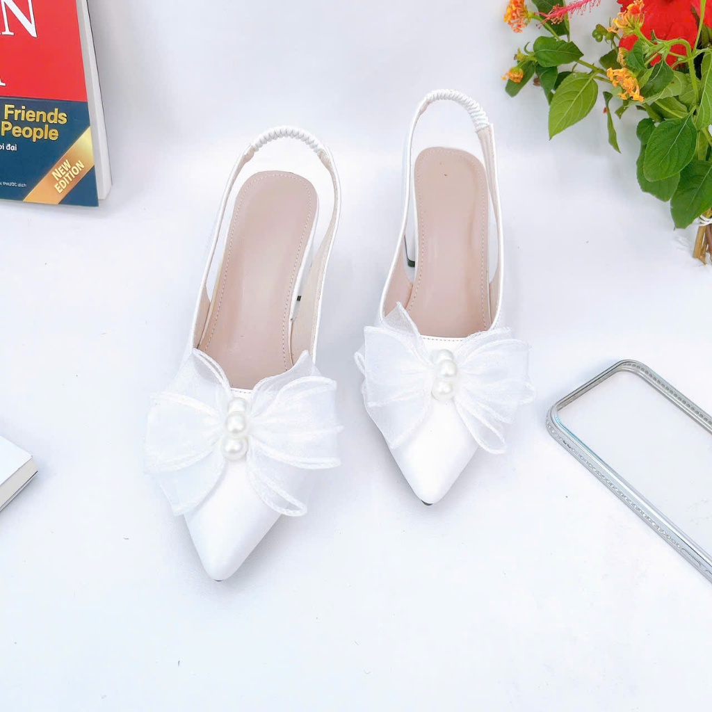 B10- Giày cao gót nơ voan đá, size 35-40, gót 3-7cm
