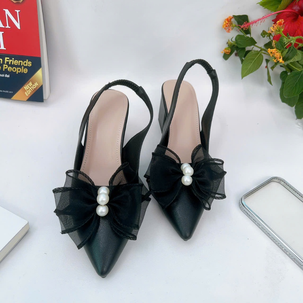 B10- Giày cao gót nơ voan đá, size 35-40, gót 3-7cm