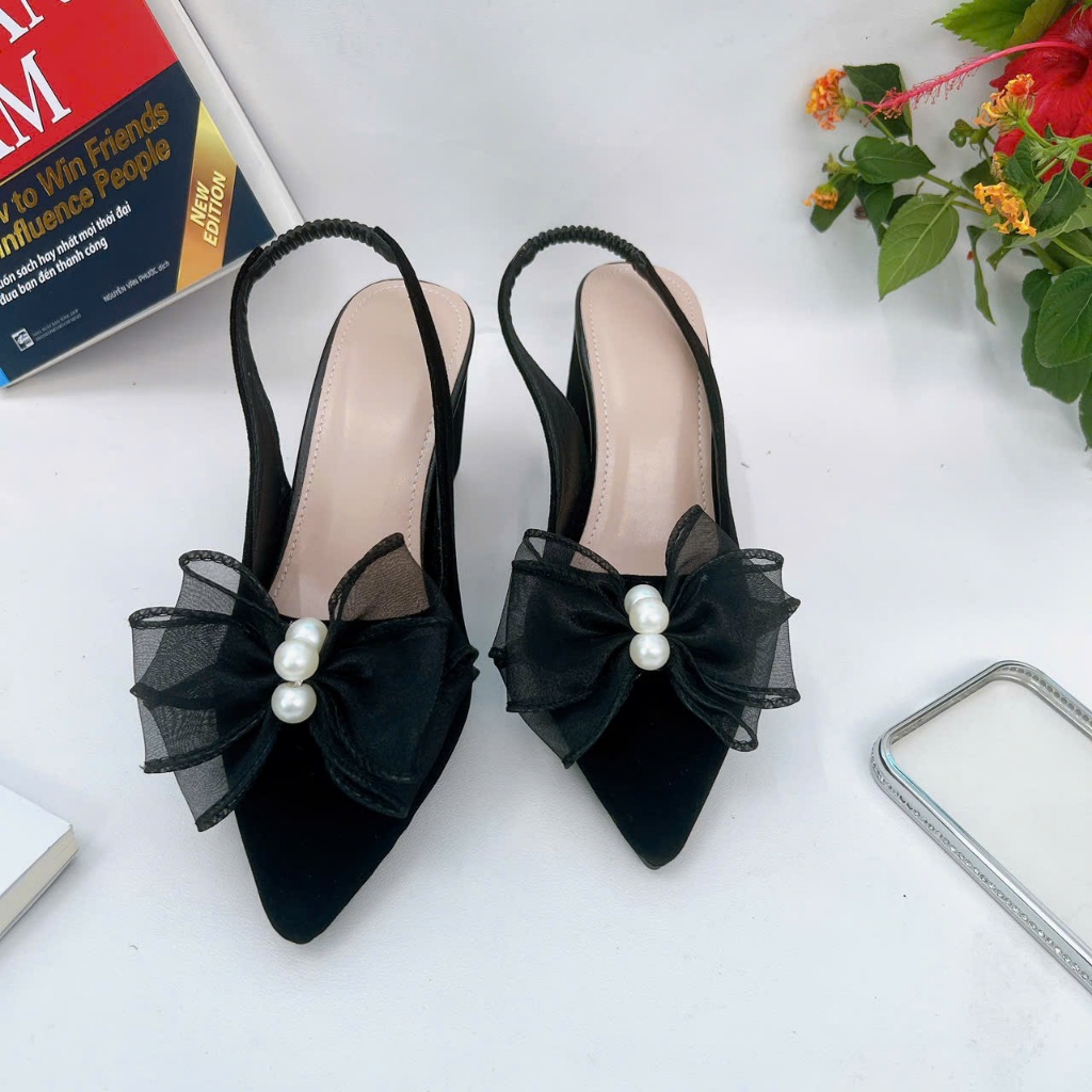 B10- Giày cao gót nơ voan đá, size 35-40, gót 3-7cm
