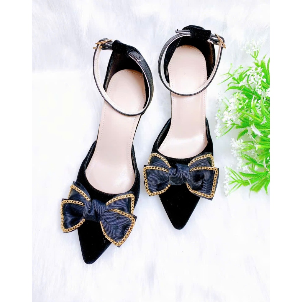 B21- Giày cao gót hậu bít nơ voan xích, size 35-40, gót 3-7cm