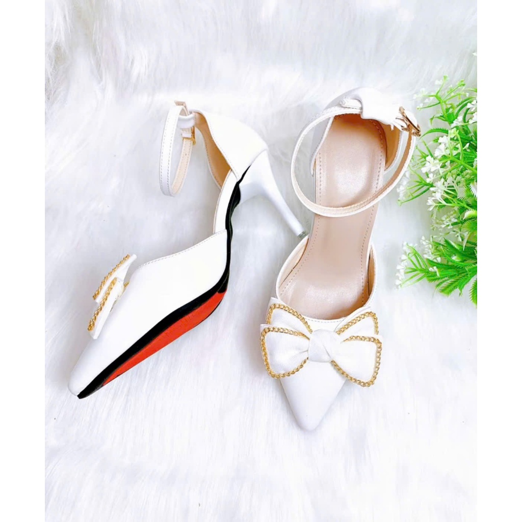 B21- Giày cao gót hậu bít nơ voan xích, size 35-40, gót 3-7cm