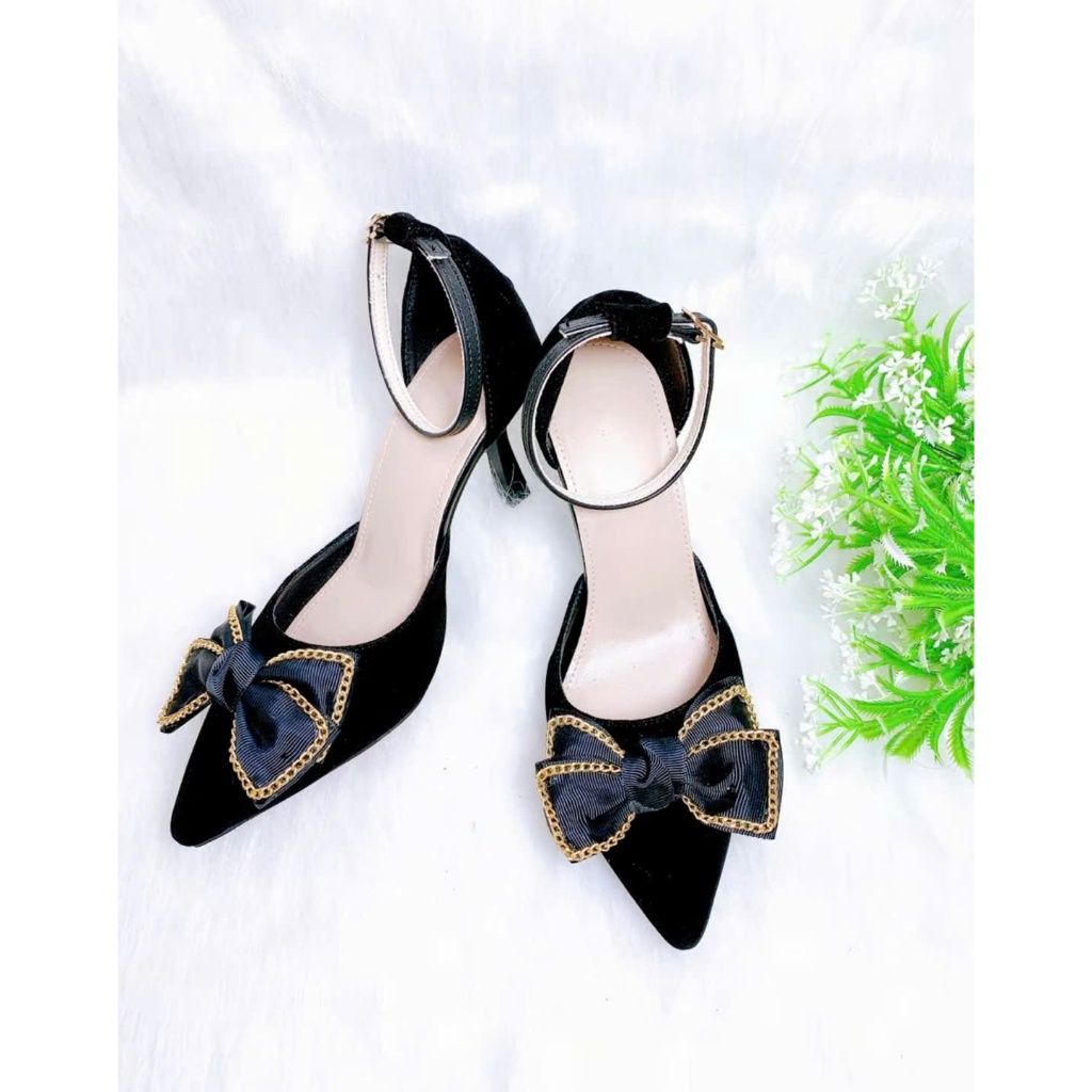 B21- Giày cao gót hậu bít nơ voan xích, size 35-40, gót 3-7cm