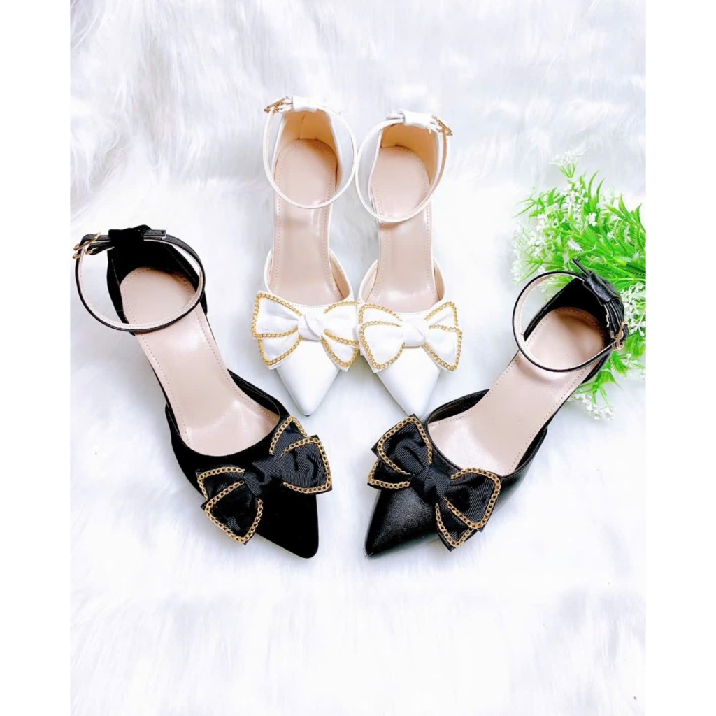 B21- Giày cao gót hậu bít nơ voan xích, size 35-40, gót 3-7cm