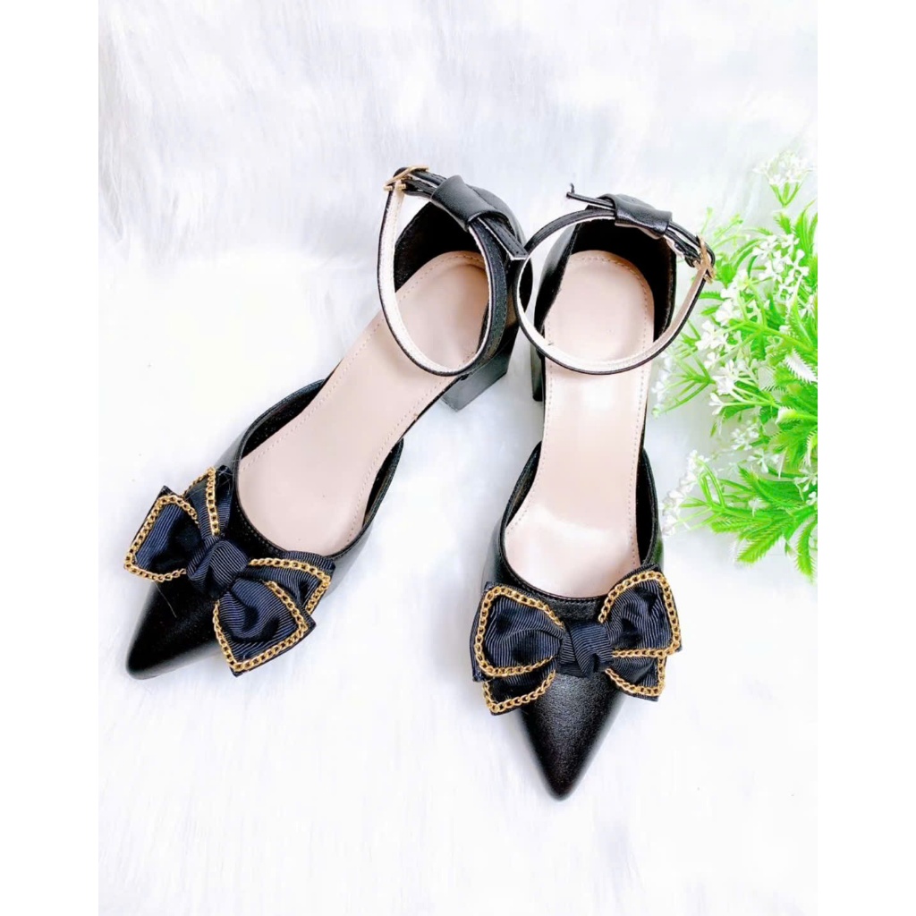 B21- Giày cao gót hậu bít nơ voan xích, size 35-40, gót 3-7cm