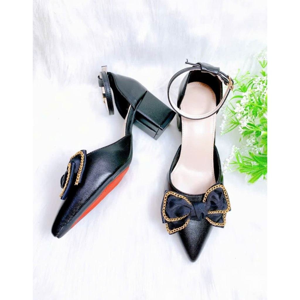 B21- Giày cao gót hậu bít nơ voan xích, size 35-40, gót 3-7cm