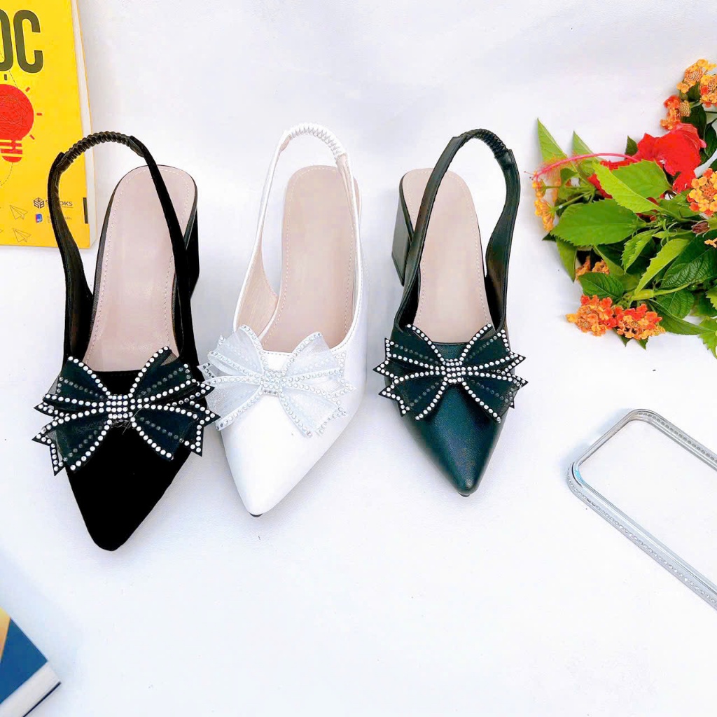 B24- Giày cao gót nơ cánh tiên, size 35-40, gót 3-7cm