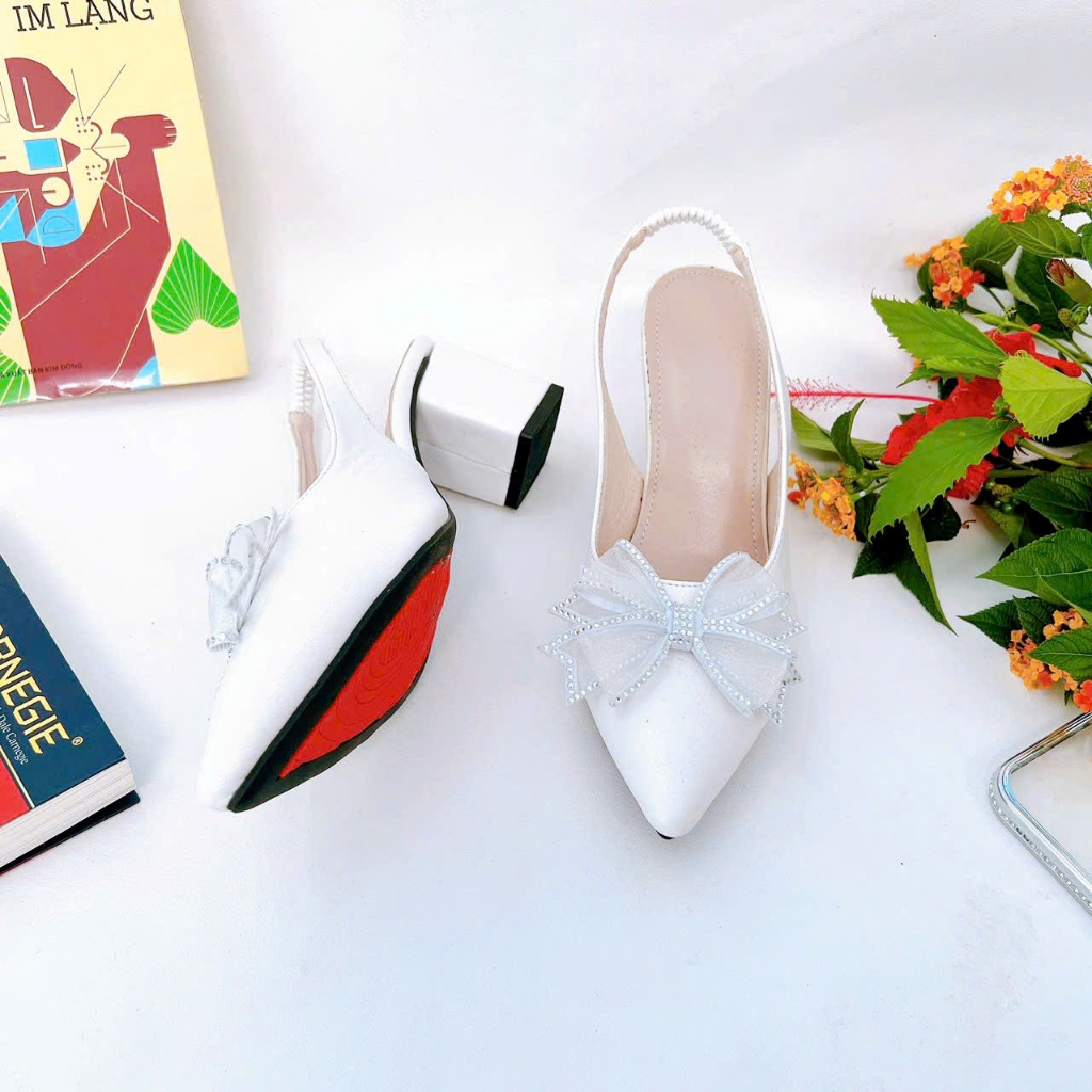 B24- Giày cao gót nơ cánh tiên, size 35-40, gót 3-7cm