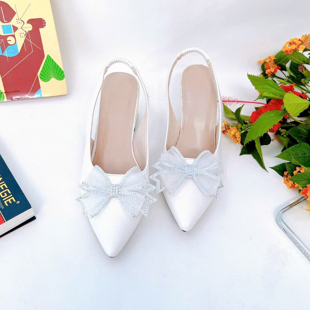 B24- Giày cao gót nơ cánh tiên, size 35-40, gót 3-7cm