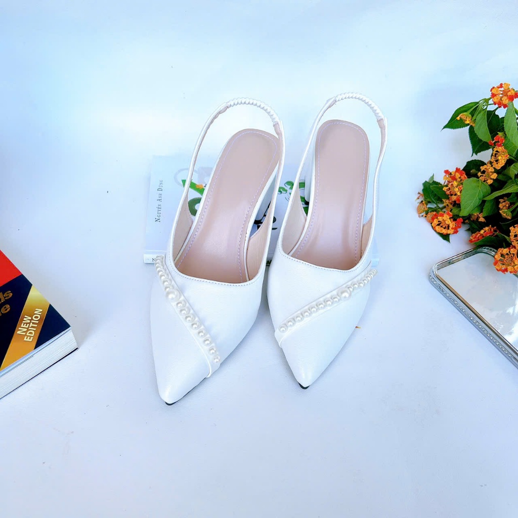 B25- Giày cao gót phối ngọc chéo, size 35-40, gót 3-7cm