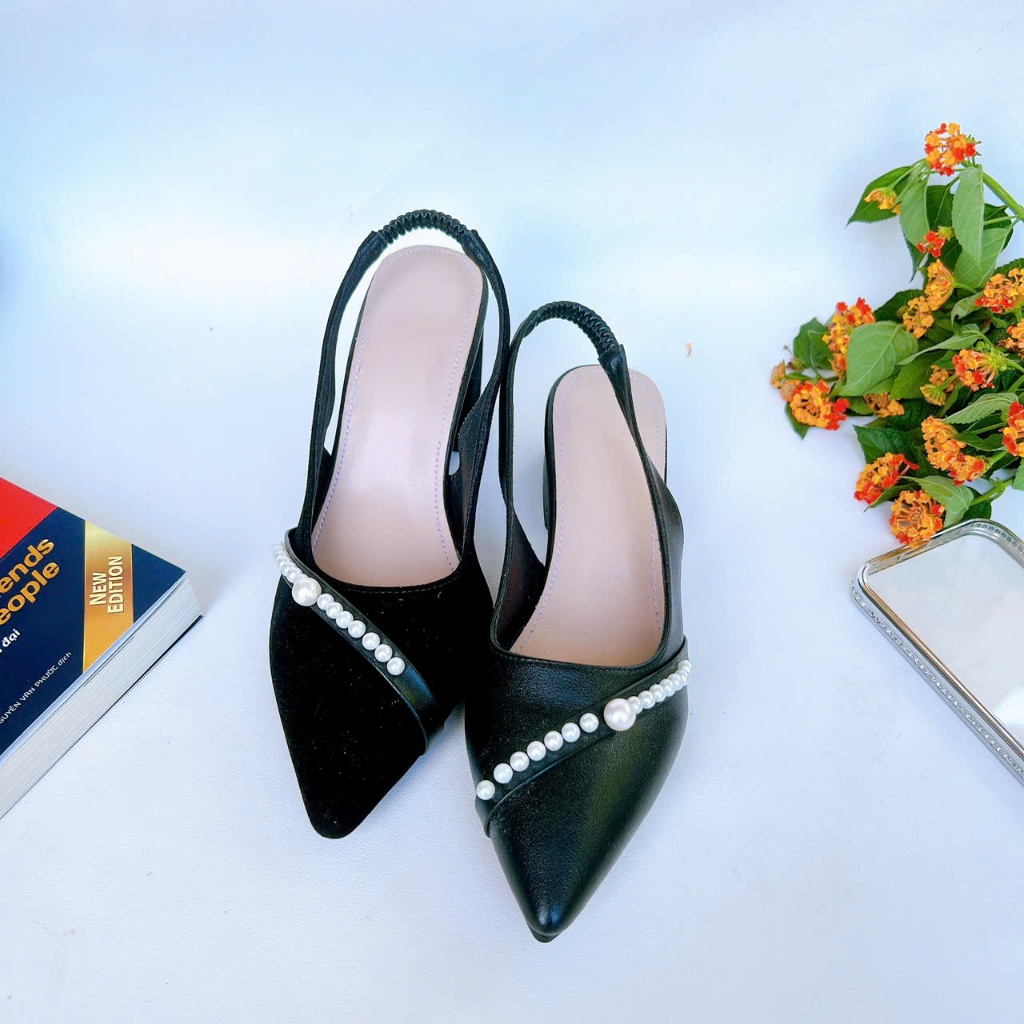 B25- Giày cao gót phối ngọc chéo, size 35-40, gót 3-7cm