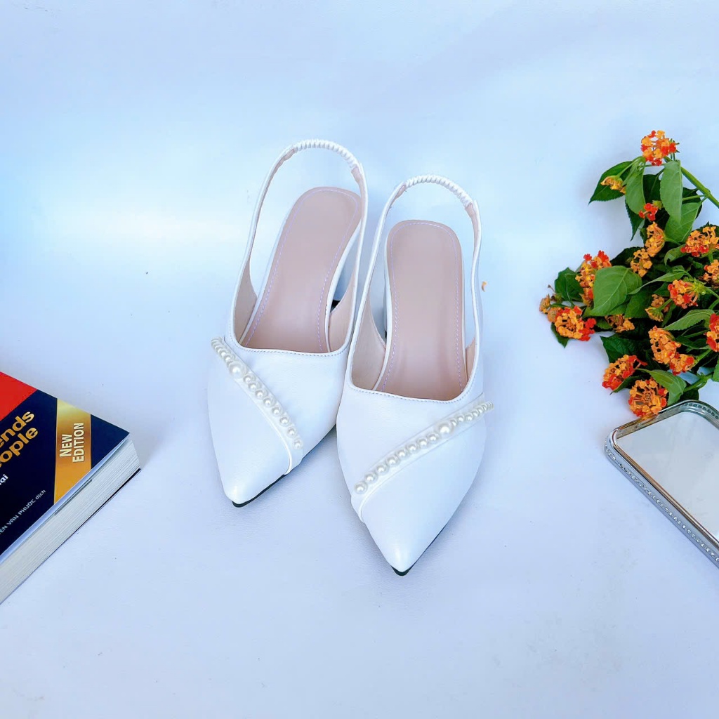 B25- Giày cao gót phối ngọc chéo, size 35-40, gót 3-7cm