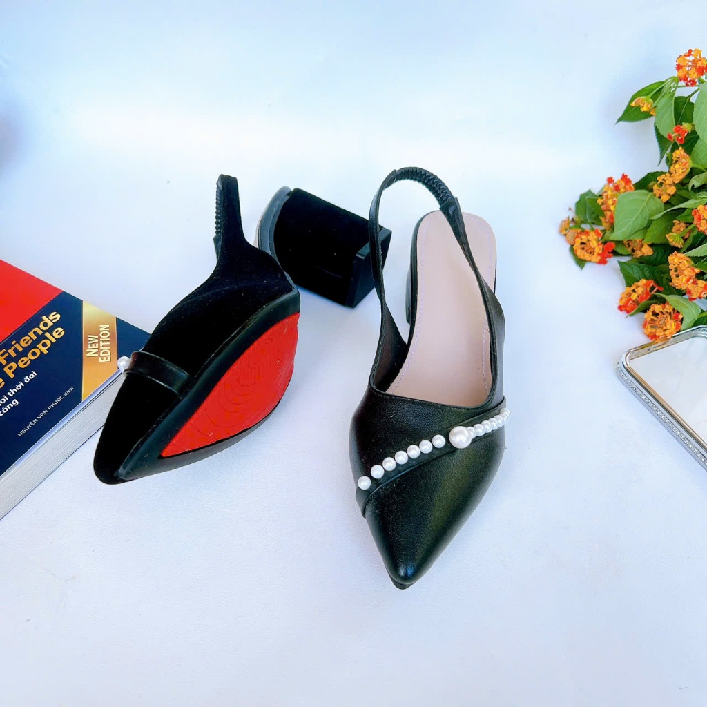 B25- Giày cao gót phối ngọc chéo, size 35-40, gót 3-7cm