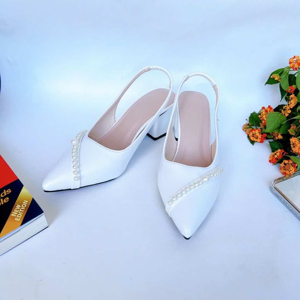 B25- Giày cao gót phối ngọc chéo, size 35-40, gót 3-7cm