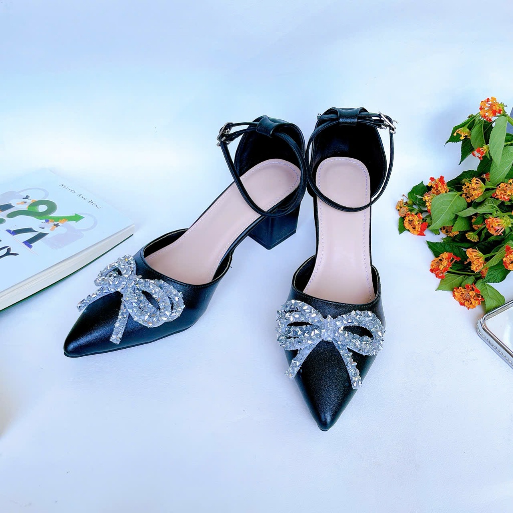 B35- Giày cao gót nơ đá, size 35-40, gót 3-7cm