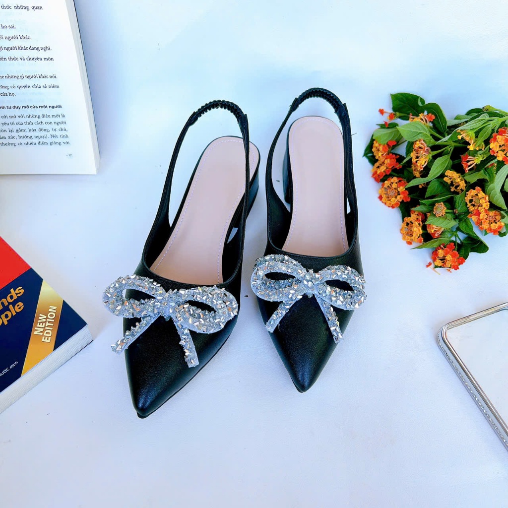 B37- Giày cao gót phối nơ đá, size 35-40, gót 3-7cm