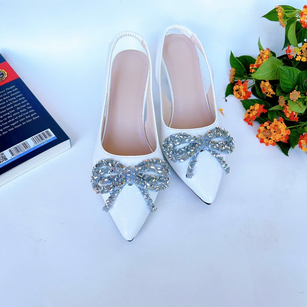 B37- Giày cao gót phối nơ đá, size 35-40, gót 3-7cm