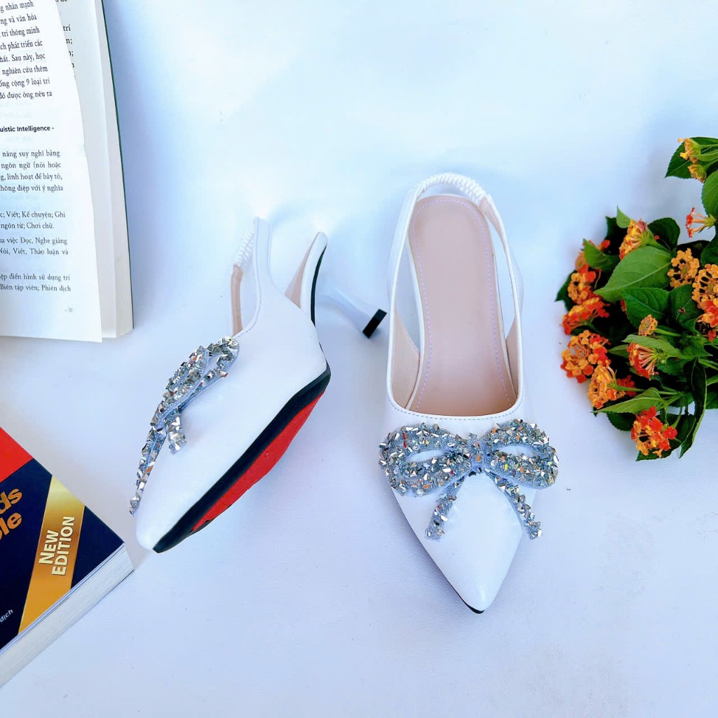 B37- Giày cao gót phối nơ đá, size 35-40, gót 3-7cm