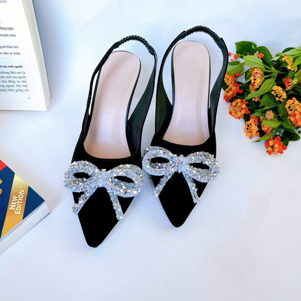 B37- Giày cao gót phối nơ đá, size 35-40, gót 3-7cm