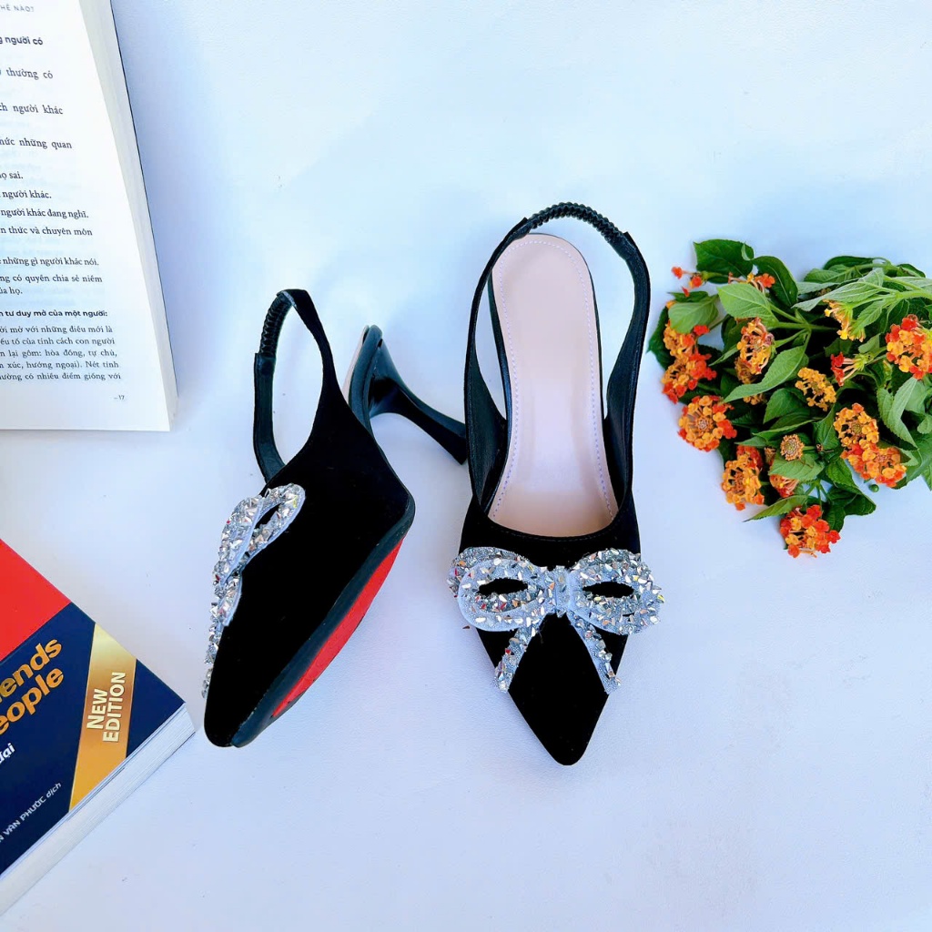 B37- Giày cao gót phối nơ đá, size 35-40, gót 3-7cm