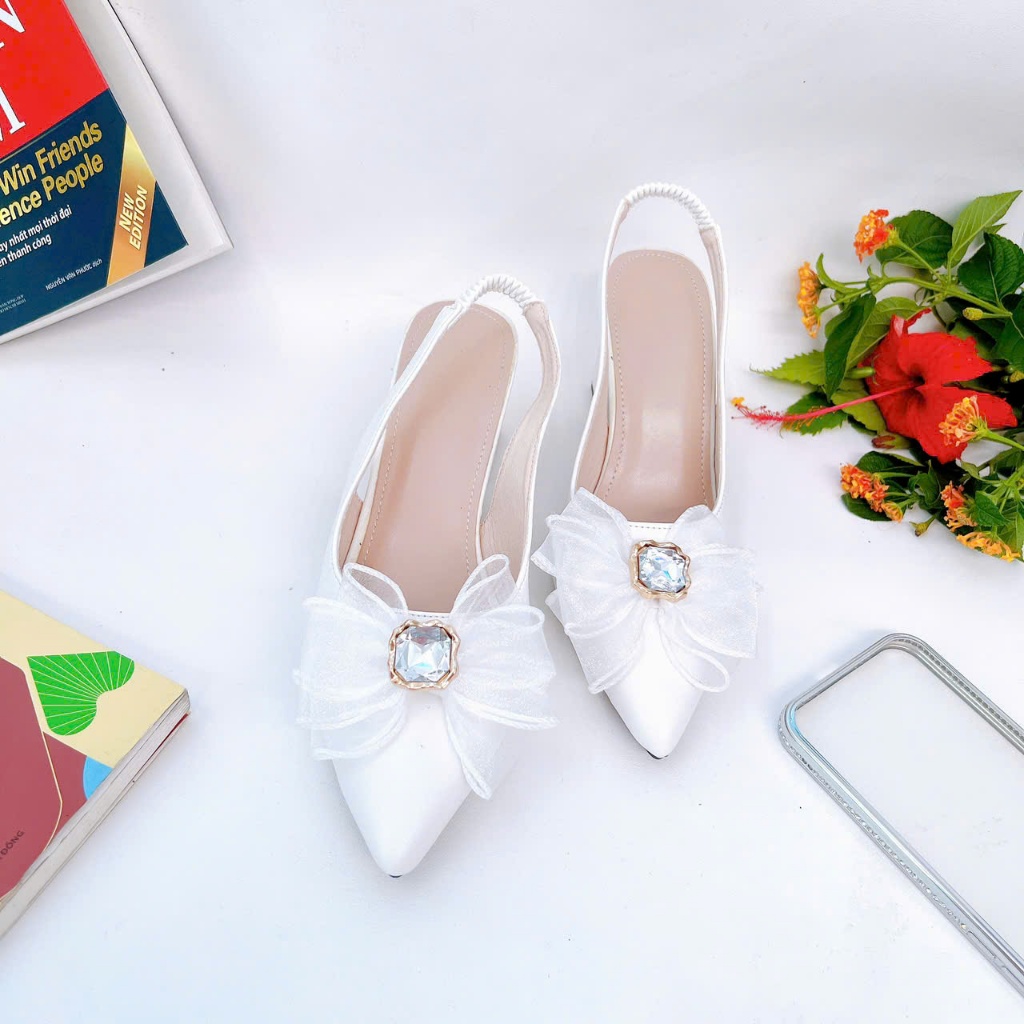 B50- Giày cao gót nơ voan đá, size 35-40, gót 3-7cm