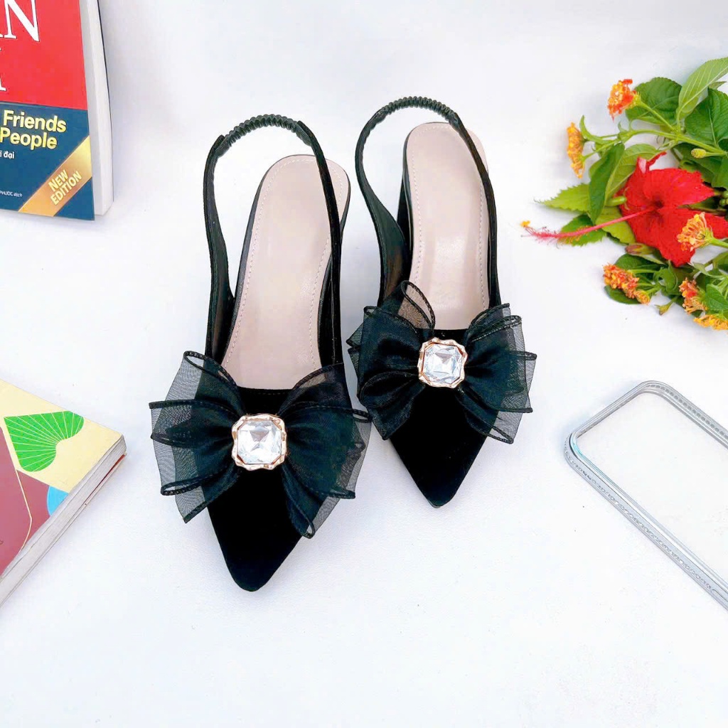 B50- Giày cao gót nơ voan đá, size 35-40, gót 3-7cm