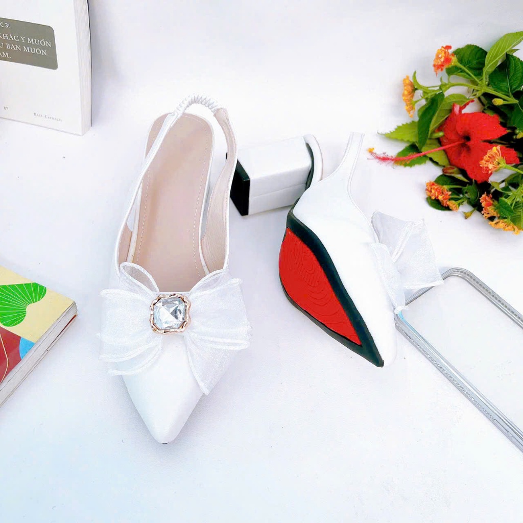 B50- Giày cao gót nơ voan đá, size 35-40, gót 3-7cm