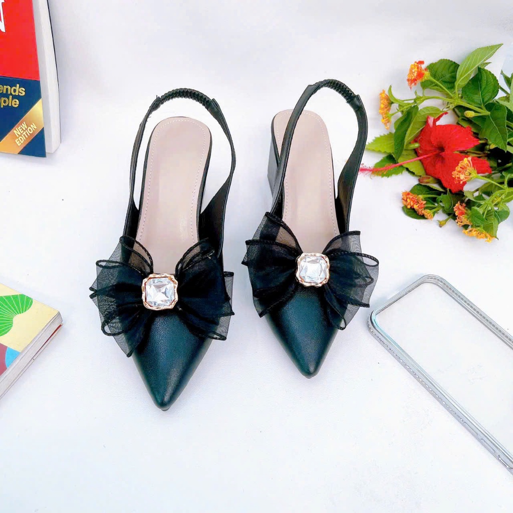 B50- Giày cao gót nơ voan đá, size 35-40, gót 3-7cm