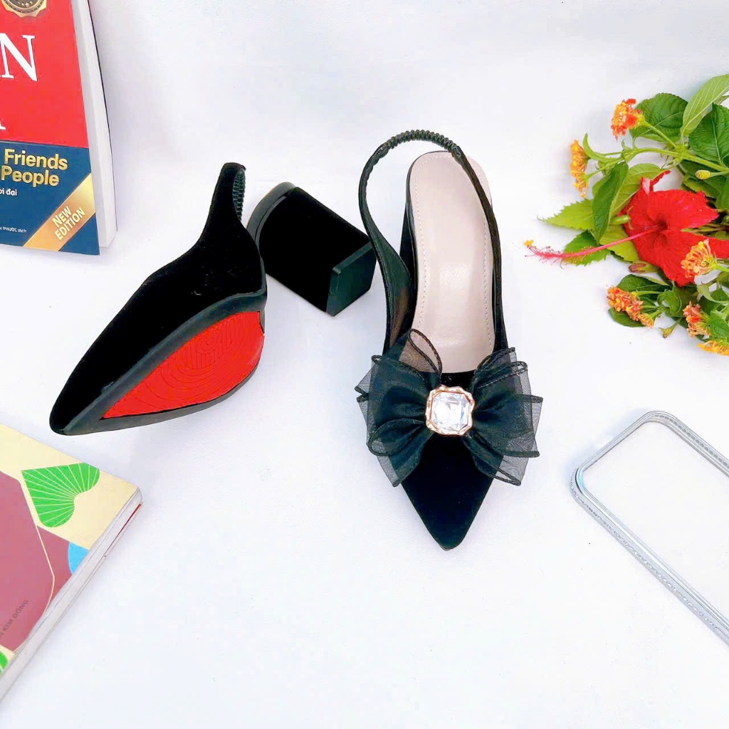 B50- Giày cao gót nơ voan đá, size 35-40, gót 3-7cm