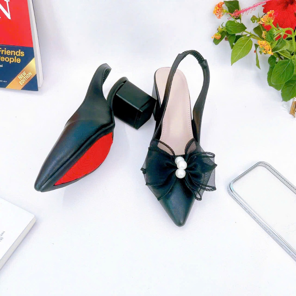B50- Giày cao gót nơ voan đá, size 35-40, gót 3-7cm
