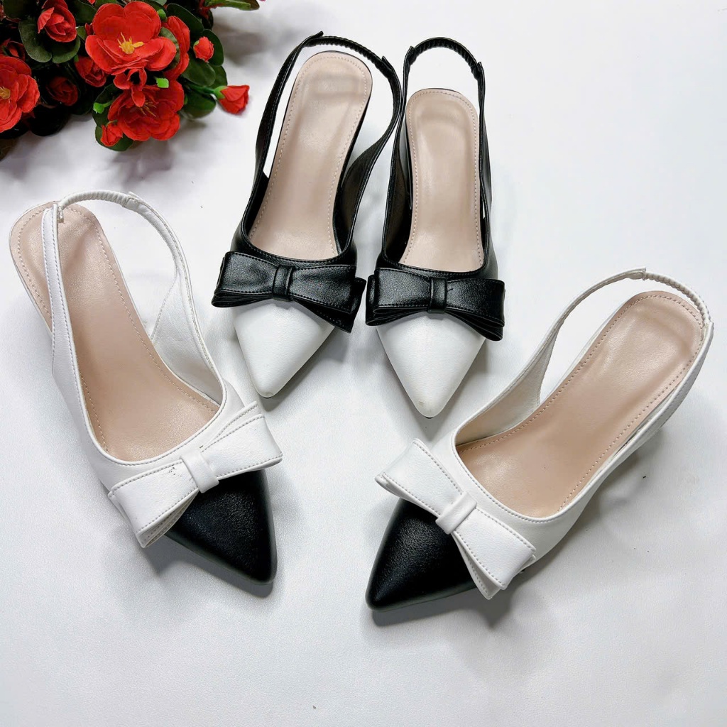 B54- Giày cao gót phối 2 màu trắng đen, size 35-40, gót 3-7cm