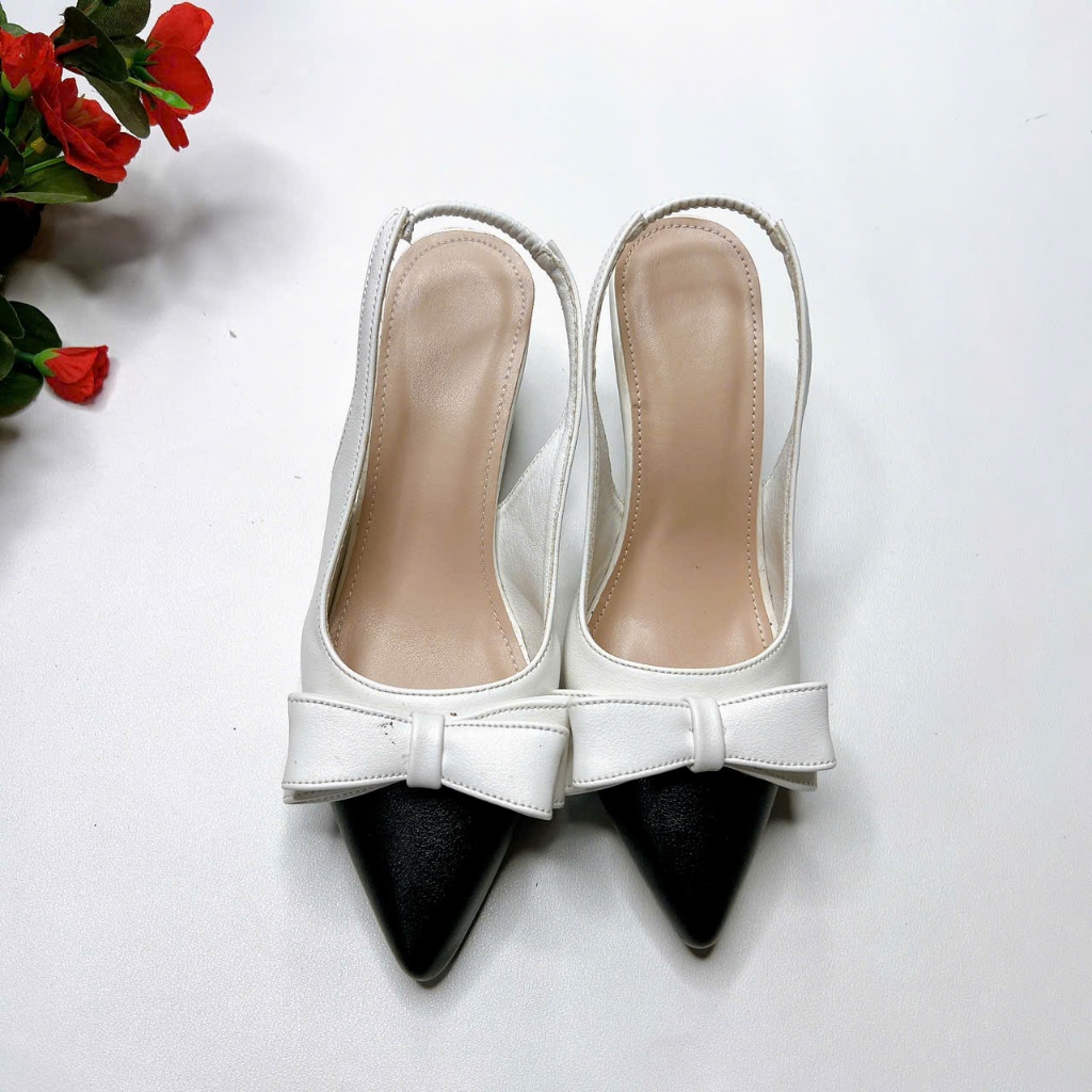 B54- Giày cao gót phối 2 màu trắng đen, size 35-40, gót 3-7cm