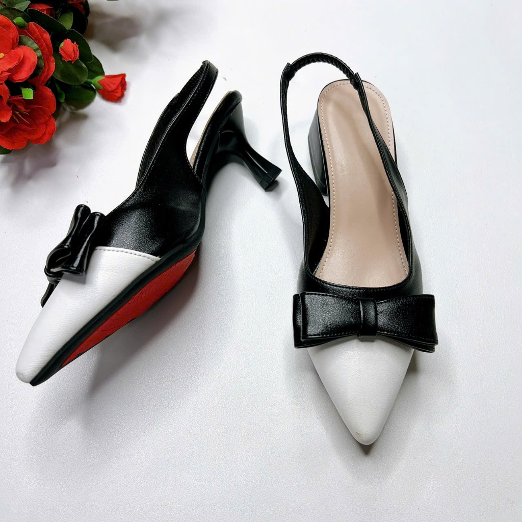 B54- Giày cao gót phối 2 màu trắng đen, size 35-40, gót 3-7cm