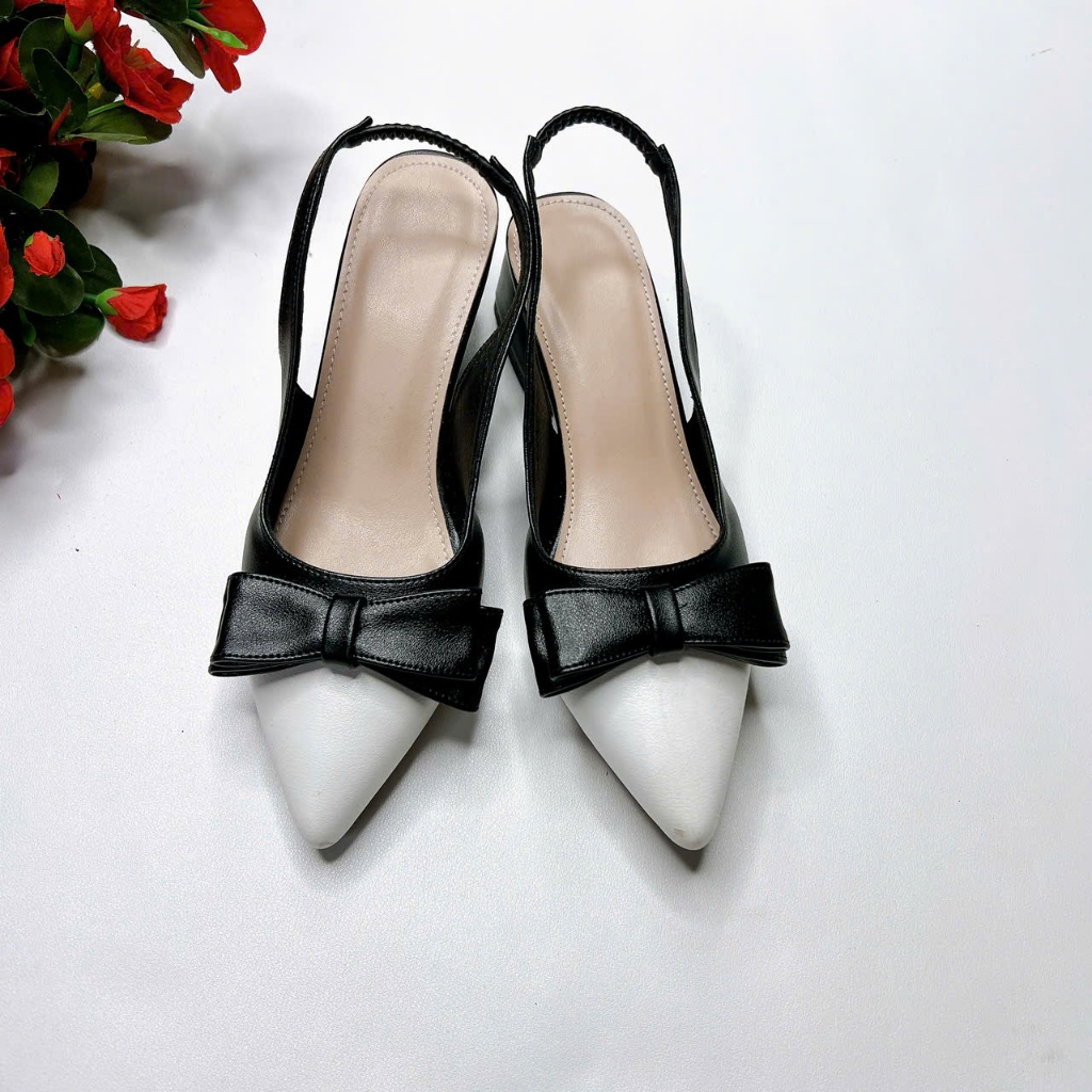 B54- Giày cao gót phối 2 màu trắng đen, size 35-40, gót 3-7cm