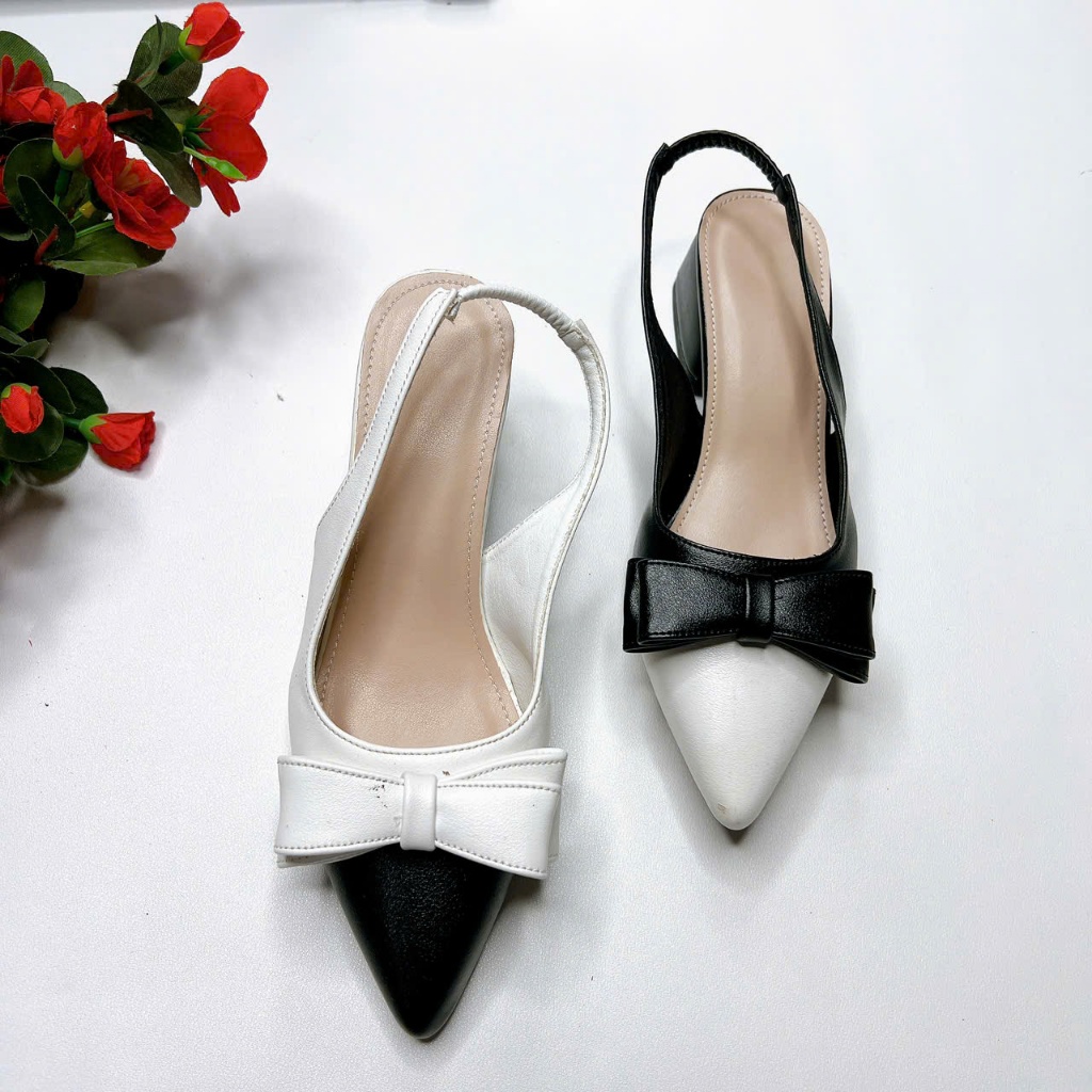 B54- Giày cao gót phối 2 màu trắng đen, size 35-40, gót 3-7cm