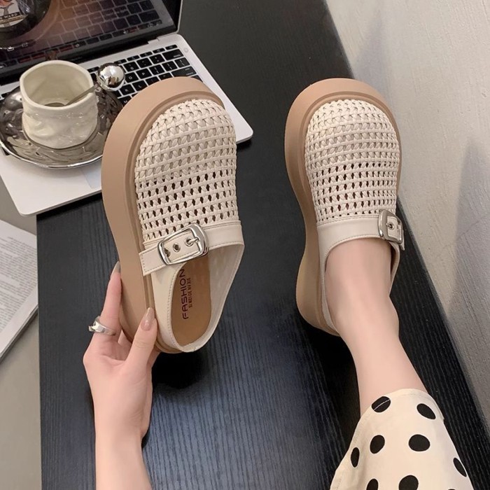 Dép lười đan nửa kín nữ đế bằng xỏ chân tiện lợi