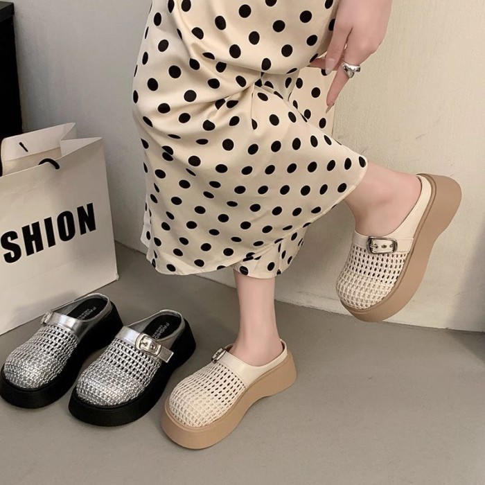 Dép lười đan nửa kín nữ đế bằng xỏ chân tiện lợi