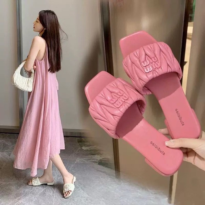 Dép một chữ đế vuông xếp li phong cách Hàn Quốc dành cho nữ dép đế bằng có chữ
