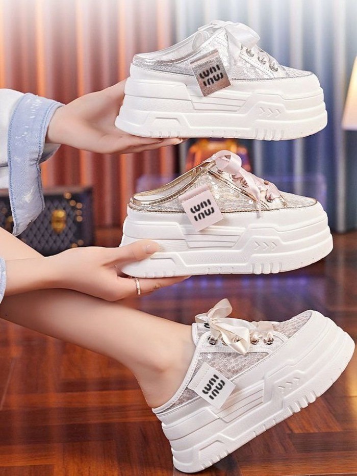 Dép xỏ ngón cho nữ, mặt ngoài bằng lưới thoáng khí, dép đế dày bên trong tăng chiều cao