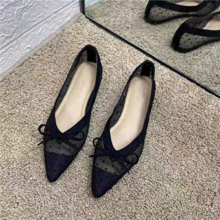 Giày Rỗng Ren Lưới Đế Mềm Giày Công Sở Scoop Giày Mùa Hè Mũi Nhọn Giày Đế Bằng Nữ