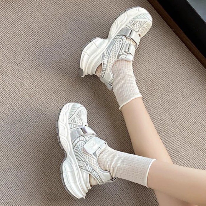 Giày bố Velcro đế dày nữ đế dày thông thường mỏng thoáng khí dép thể thao rỗng