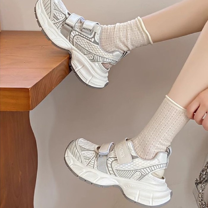 Giày bố Velcro đế dày nữ đế dày thông thường mỏng thoáng khí dép thể thao rỗng