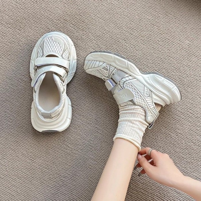 Giày bố Velcro đế dày nữ đế dày thông thường mỏng thoáng khí dép thể thao rỗng