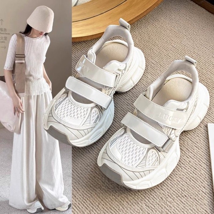Giày bố Velcro đế dày nữ đế dày thông thường mỏng thoáng khí dép thể thao rỗng