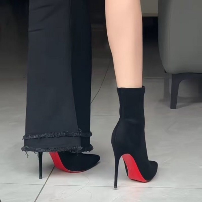 Giày bốt dáng ôm, bốt ngắn cho nữ, đế đỏ da lộn, mũi nhọn, bốt ngắn màu đen, bốt cao gót cho nữ, ph